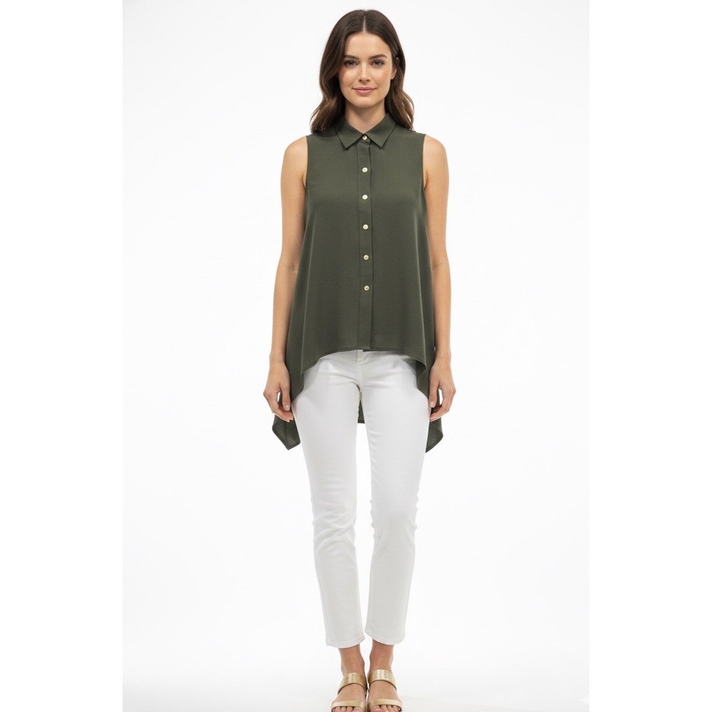 🔥Michael Kors💚Sleeveless Collared Button Down Army Green High Low Hem S $88